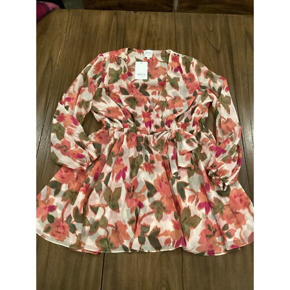 MISA Caria sonora flora Blouson Sleeve Tie Waist Mini Dress Floral Multicolor L - Picture 2 of 12